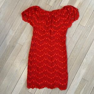 Nightcap Clothing Red Off The Shoulder Fitted Lace Mini Dress